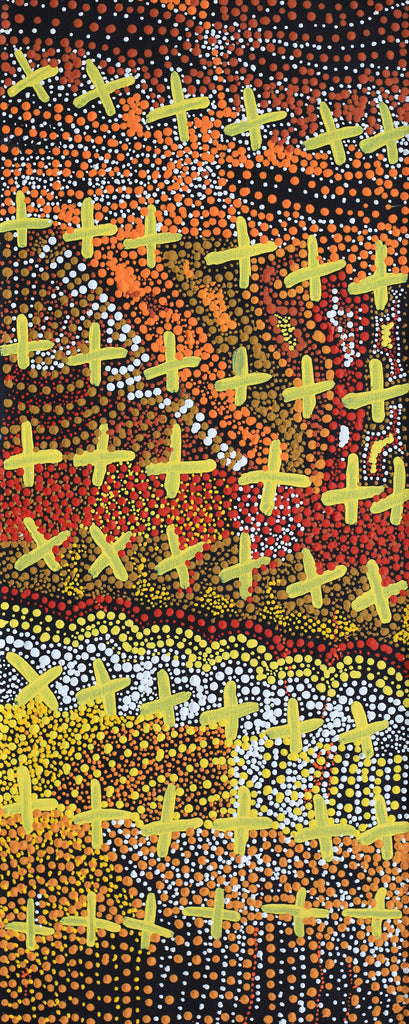 Aboriginal Artwork by Kershini Napaljarri Collins, Ngatijirri Jukurrpa (Budgerigar Dreaming), 76x30cm