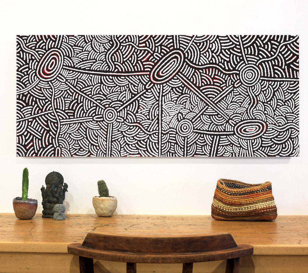 Aboriginal Artwork by Leah Nampijinpa Sampson, Ngapa Jukurrpa - Pirlinyarnu, 107x46cm - ART ARK®