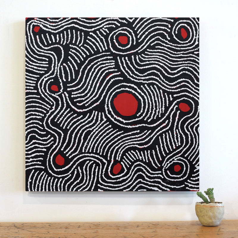 Aboriginal Artwork by Leonie Napaltjarri Kamutu, Papa Tjukurrpa (Dog Dreaming), 60x60cm