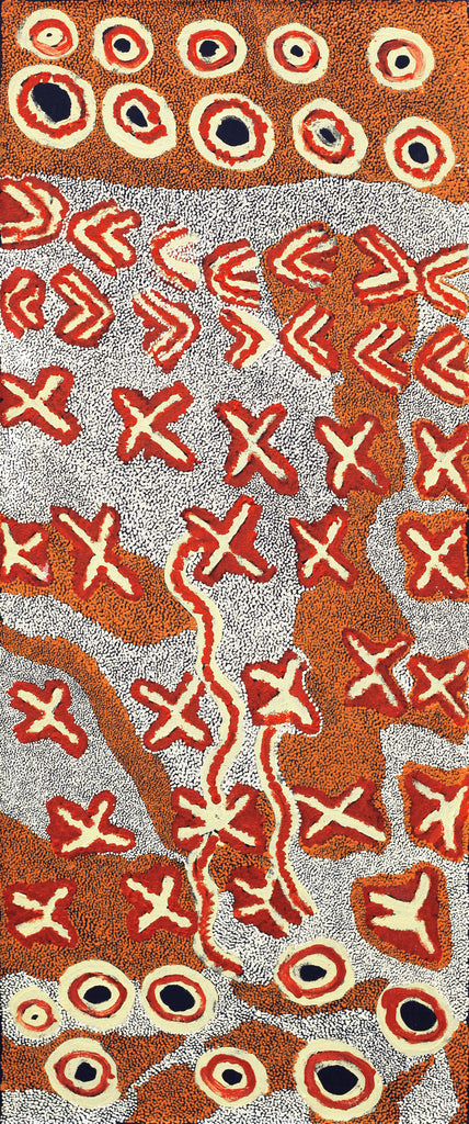 Aboriginal Artwork by Leonie Napaltjarri Kamutu, Talapa at Lingakurra, 100x40cm