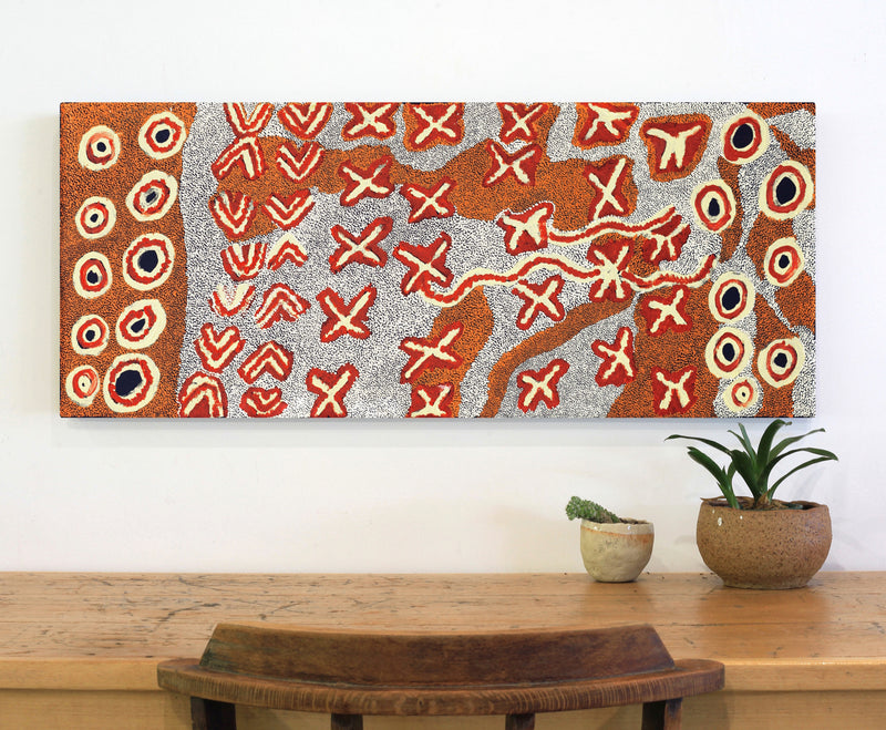 Aboriginal Artwork by Leonie Napaltjarri Kamutu, Talapa at Lingakurra, 100x40cm