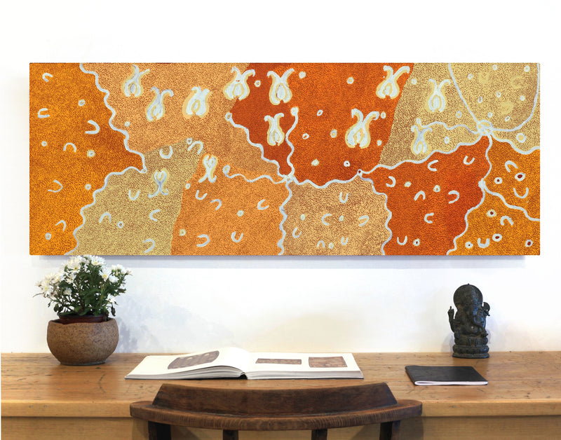 Aboriginal Artwork by Leonie Napaltjarri Kamutu, Talapa at Lingakurra, 122x46cm