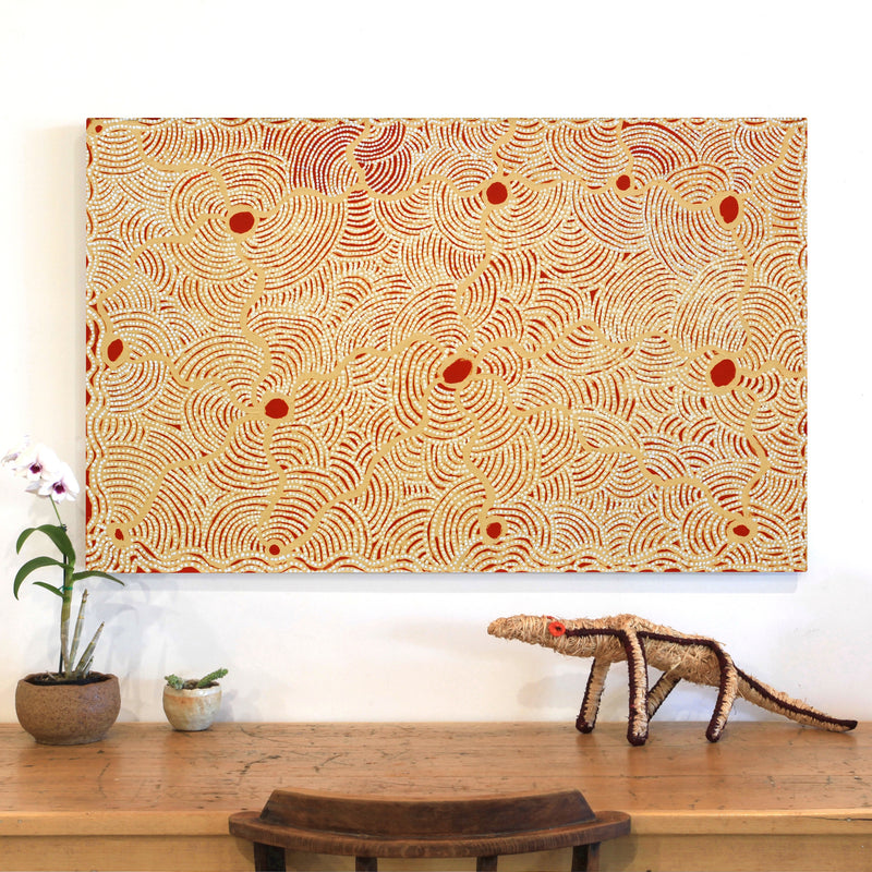 Aboriginal Artwork by Leonie Napaltjarri Kamutu, Papa Tjukurrpa (Dog Dreaming), 122x76cm