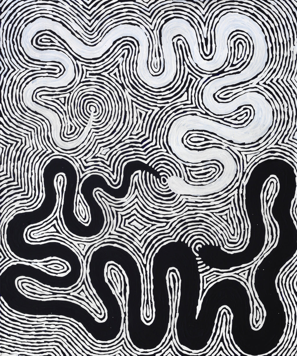 Aboriginal Artwork by Leston Japaljarri Spencer, Warna Jukurrpa (Snake Dreaming), 91x76cm