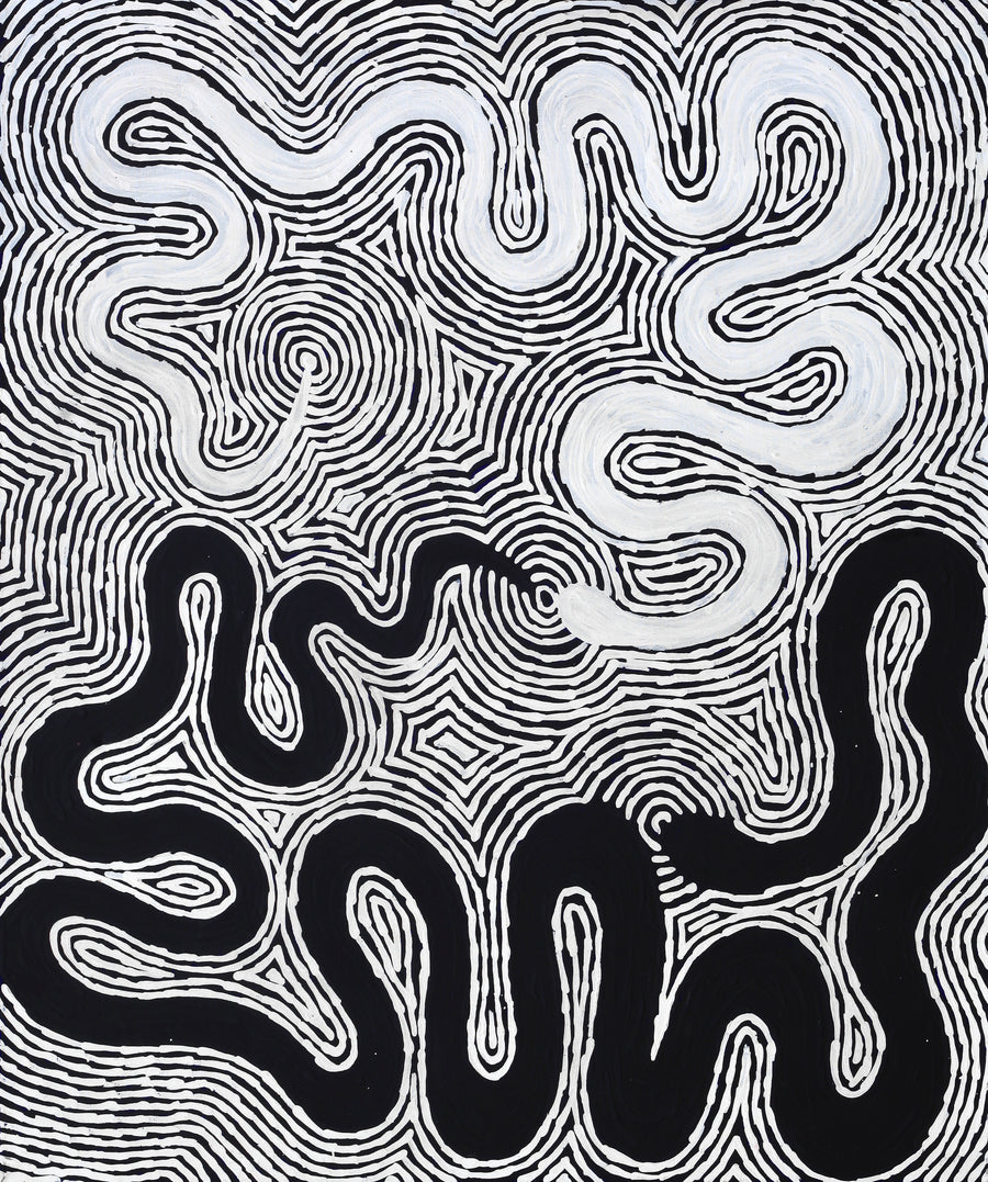 Aboriginal Artwork by Leston Japaljarri Spencer, Warna Jukurrpa (Snake Dreaming), 91x76cm