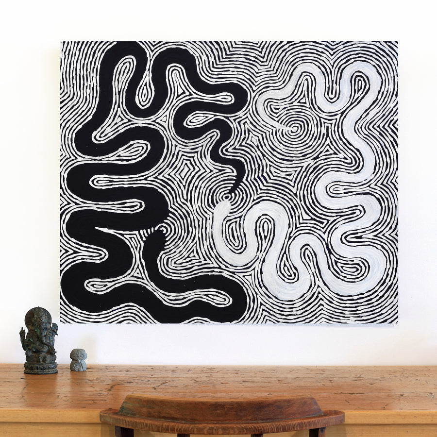 Aboriginal Artwork by Leston Japaljarri Spencer, Warna Jukurrpa (Snake Dreaming), 91x76cm