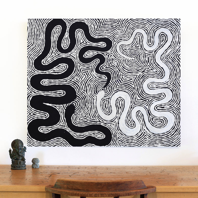 Aboriginal Artwork by Leston Japaljarri Spencer, Warna Jukurrpa (Snake Dreaming), 91x76cm