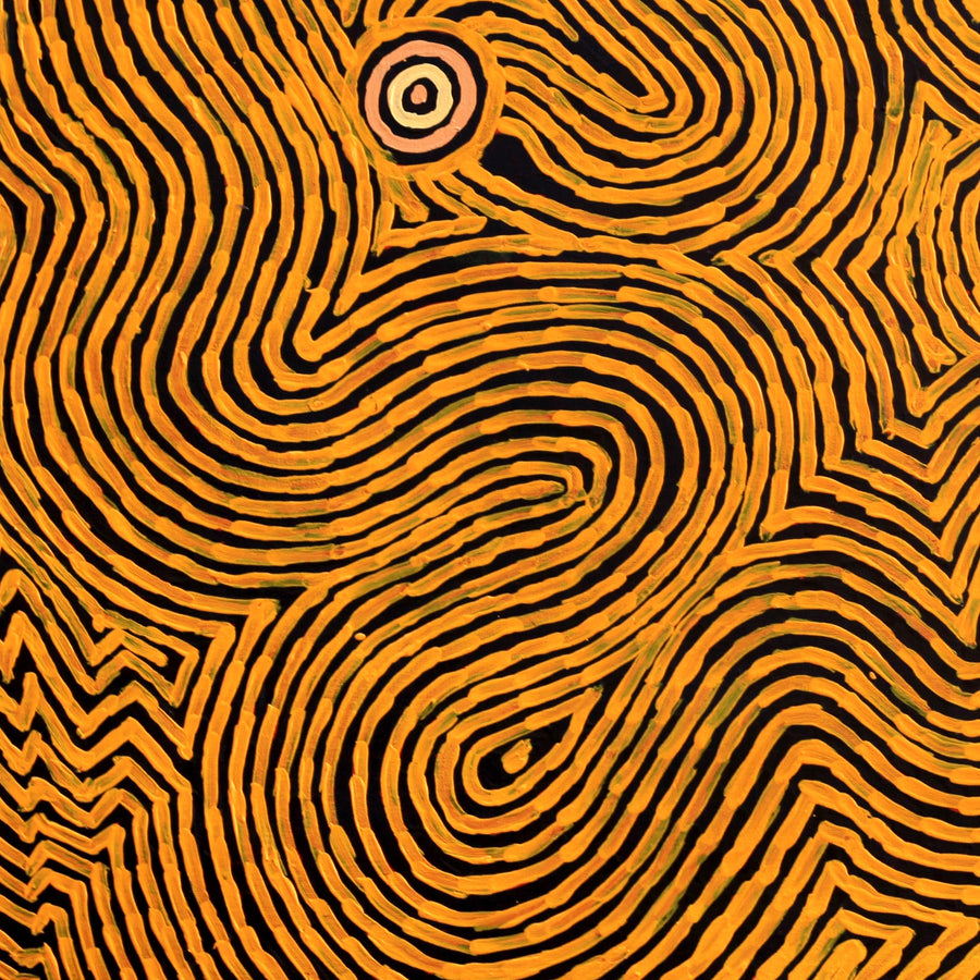 Aboriginal Artwork by Leston Japaljarri Spencer, Warna Jukurrpa (Snake Dreaming), 91x91cm