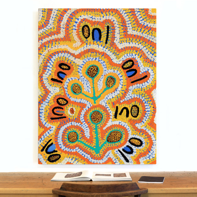 Aboriginal Artwork by Linda Ngitjanka, Yawalyurru (bush rasins) at Alkipi, 122x91cm