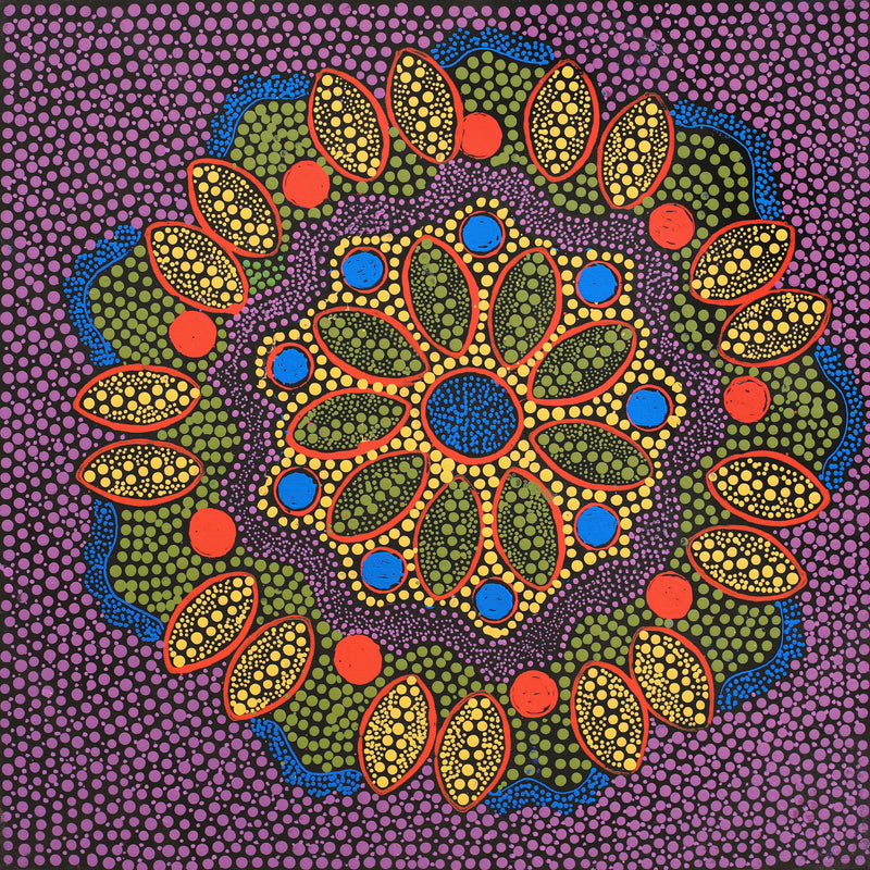 Aboriginal Artwork by Lisa Nampijinpa Cook, Yarla Jukurrpa (Bush Potato Dreaming) - Cockatoo Creek, 40x40cm