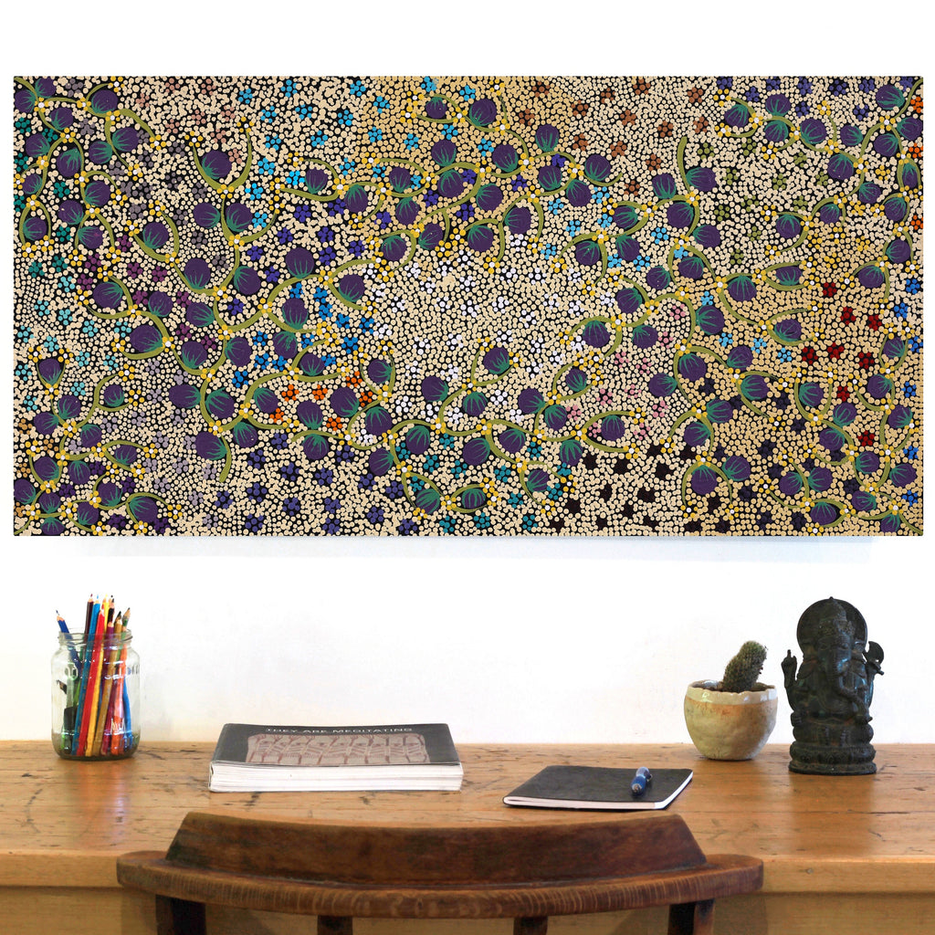 Aboriginal Artwork by Lisa Napangardi Lowe, Wanakiji Jukurrpa (Bush Tomato Dreaming), 91x46cm