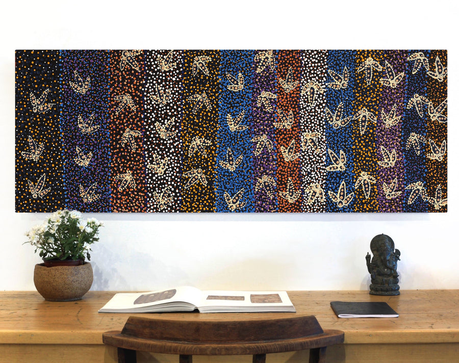Aboriginal Artwork by Lloyd Jampijinpa Brown, Yankirri Jukurrpa (Emu Dreaming) - Ngarlikurlangu, 122x46cm