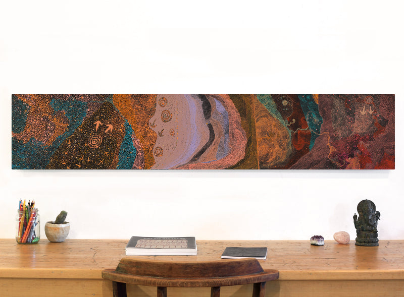 Aboriginal Artwork by Lloyd Jampijinpa Brown, Yankirri Jukurrpa (Emu Dreaming) - Ngarlikurlangu, 152x30cm