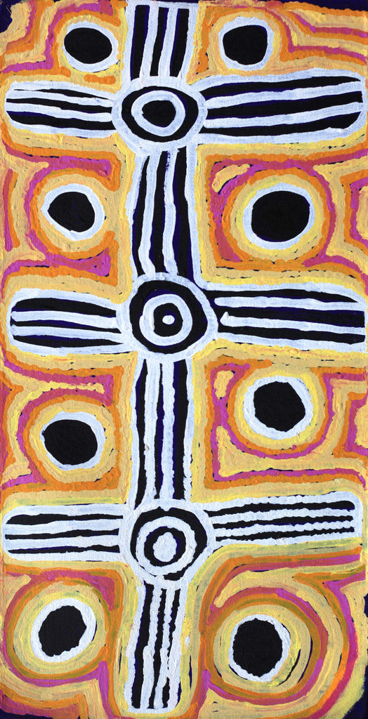 Aboriginal Artwork by Long Maggie Nakamarra White, Ngapa Jukurrpa (Water Dreaming), 61x30cm