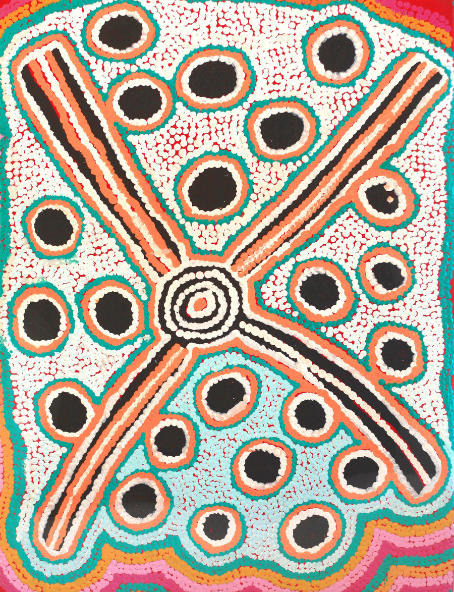Aboriginal Artwork by Long Maggie Nakamarra White, Yinirnti Jukurrpa (Bean Tree Dreaming), 61x46cm