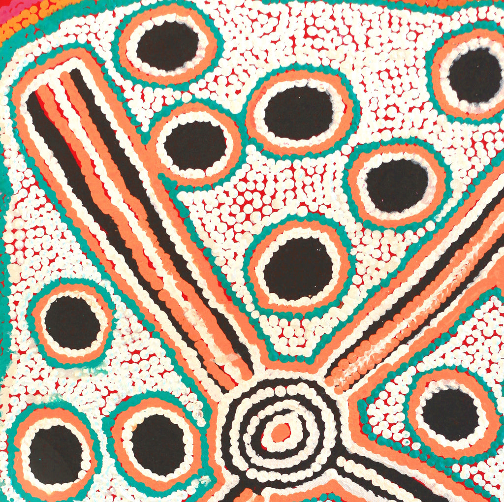 Aboriginal Artwork by Long Maggie Nakamarra White, Yinirnti Jukurrpa (Bean Tree Dreaming), 61x46cm