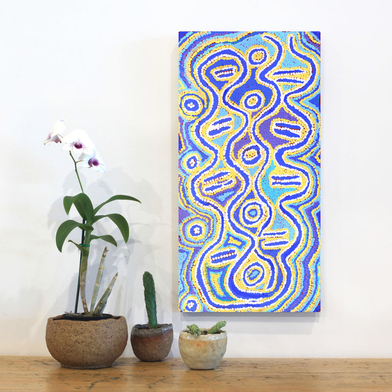 Aboriginal Artwork by Long Maggie Nakamarra White, Ngapa Jukurrpa (Water Dreaming) - Pirlinyarnu, 61x30cm