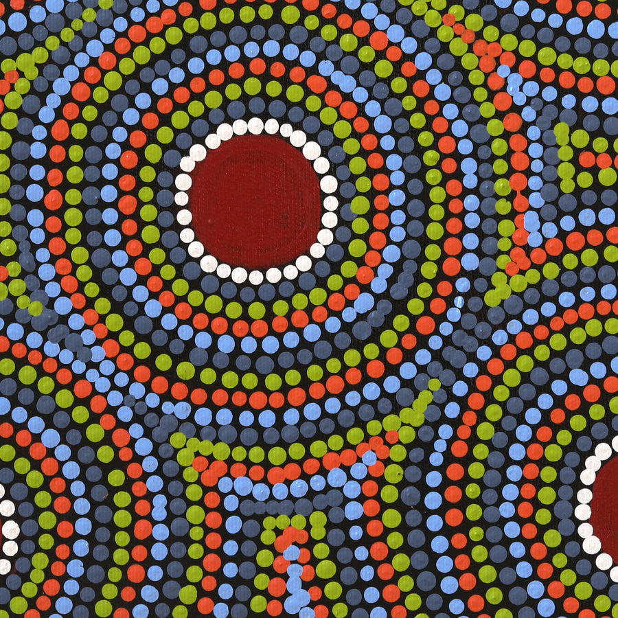 Aboriginal Artwork by Lorraine Napangardi Wheeler, Lukarrara Jukurrpa (Desert Fringe-rush Seed Dreaming), 30x30cm