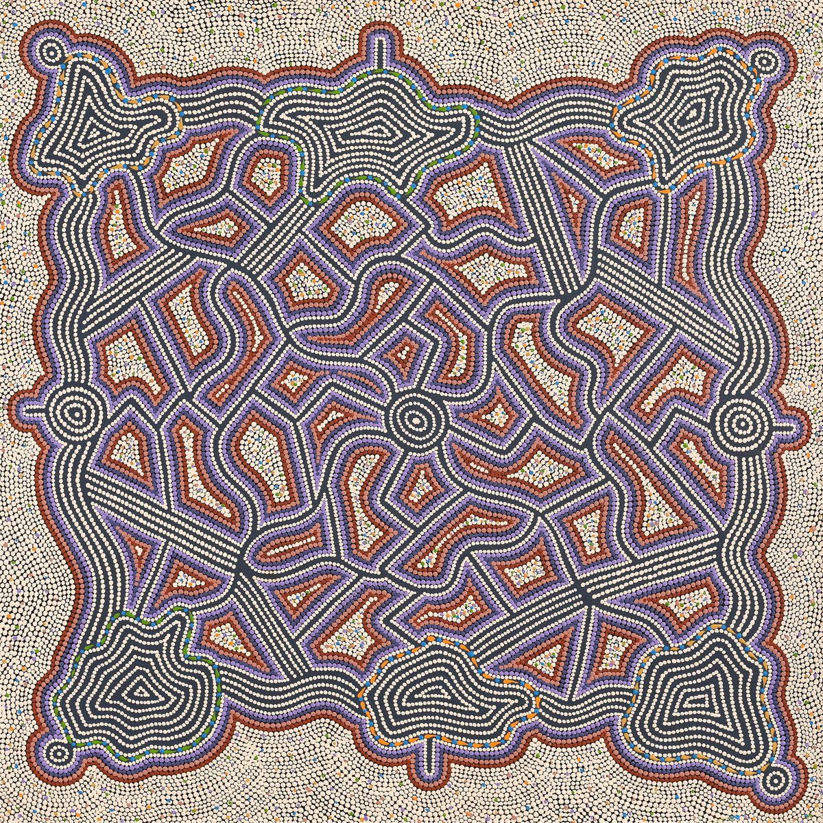 Aboriginal Art by Louise Nangala Egan, Ngapa Jukurrpa (Water Dreaming) - Puyurru, 107x107cm - ART ARK®