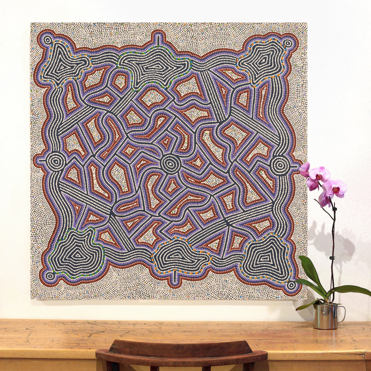 Aboriginal Art by Louise Nangala Egan, Ngapa Jukurrpa (Water Dreaming) - Puyurru, 107x107cm - ART ARK®