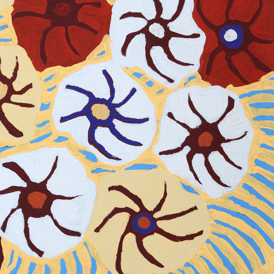 Aboriginal Artwork by Lucky Nampijinpa Langdon, Watiya-warnu Jukurrpa (Seed Dreaming), 46x46cm
