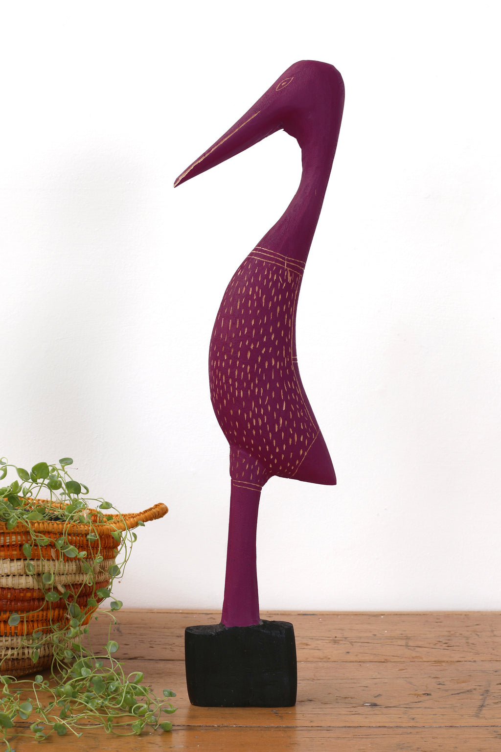 Aboriginal Artwork by Luke Djalagarrarra, Carved Bird in Purple Sculpture, 57cm