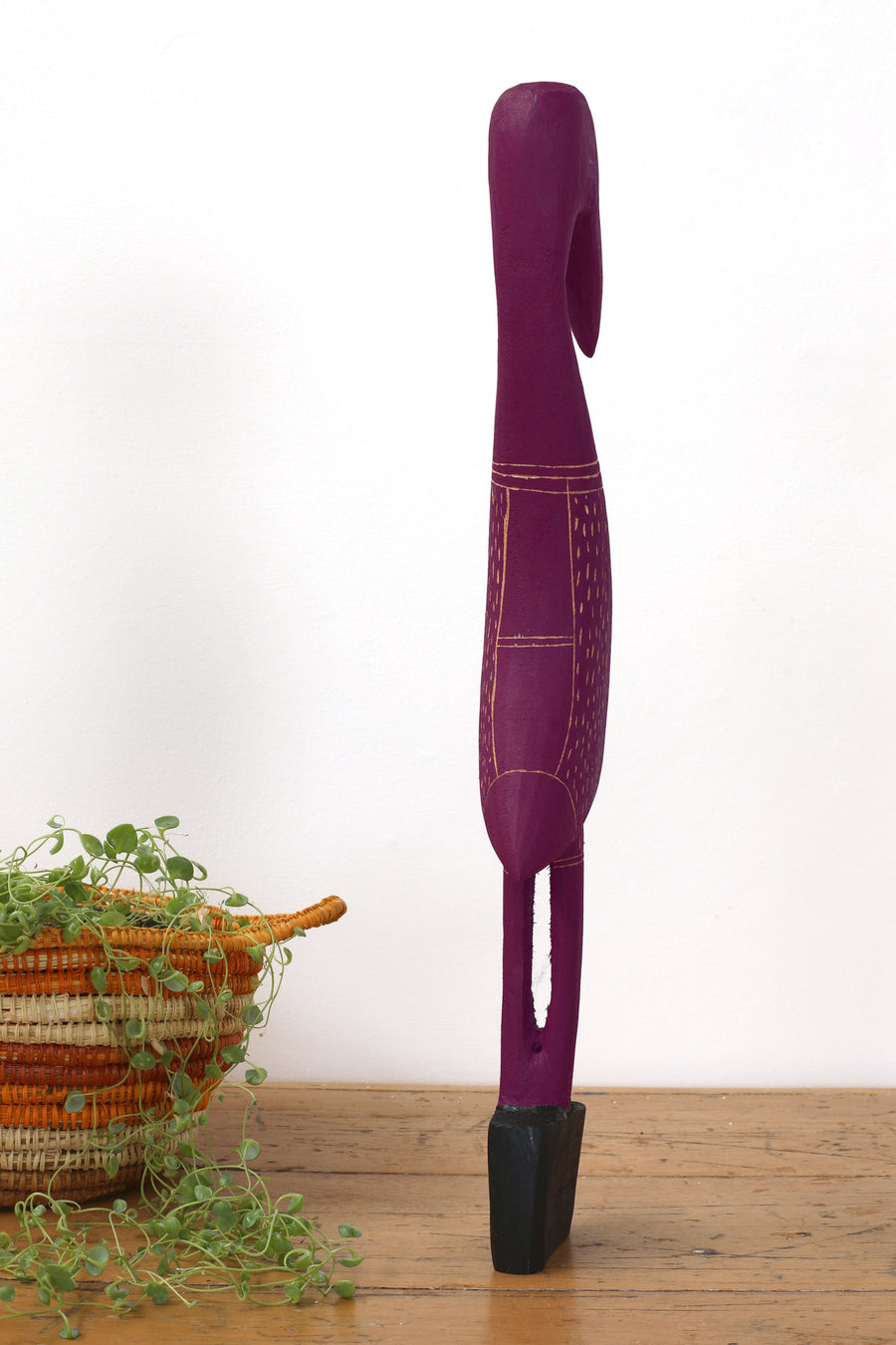 Aboriginal Artwork by Luke Djalagarrarra, Carved Bird in Purple Sculpture, 57cm