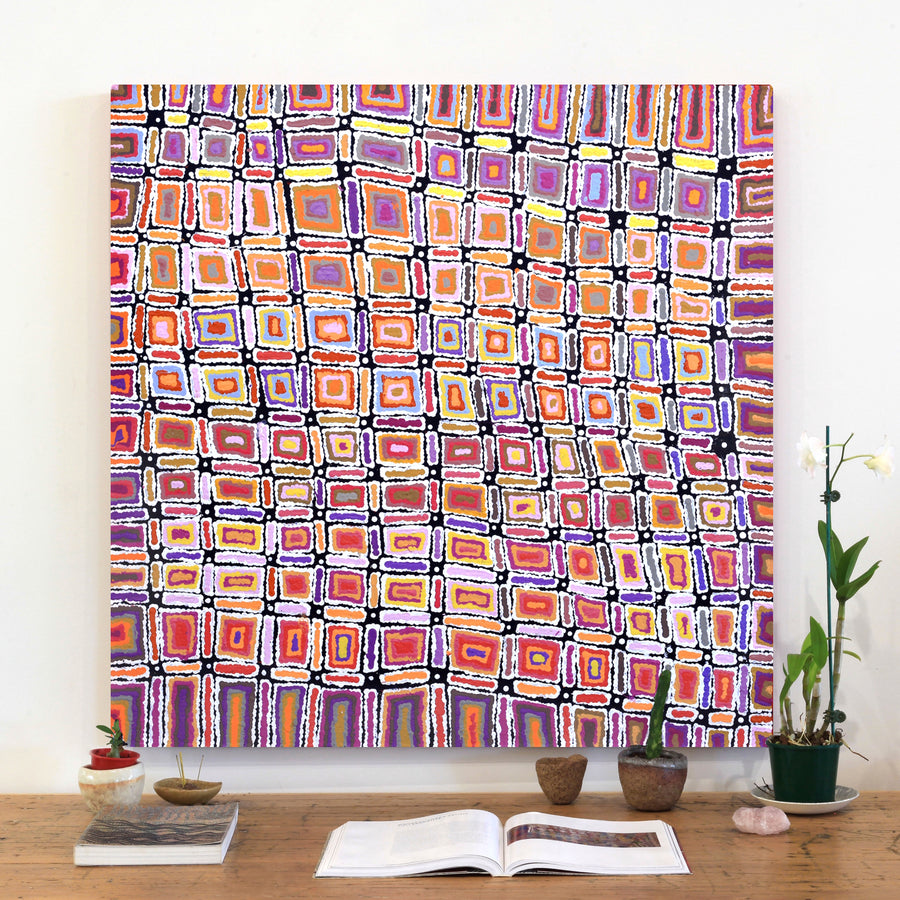 Aboriginal Artwork by Lynette Nangala Singleton, Ngapa Jukurrpa - Puyurru, 91x91cm