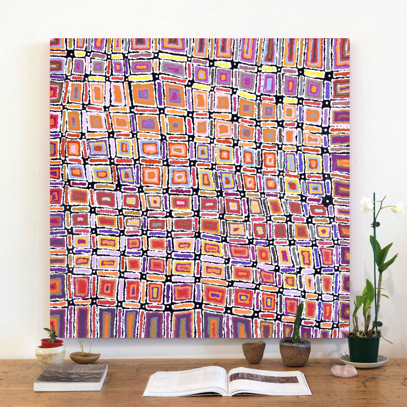 Aboriginal Artwork by Lynette Nangala Singleton, Ngapa Jukurrpa - Puyurru, 91x91cm