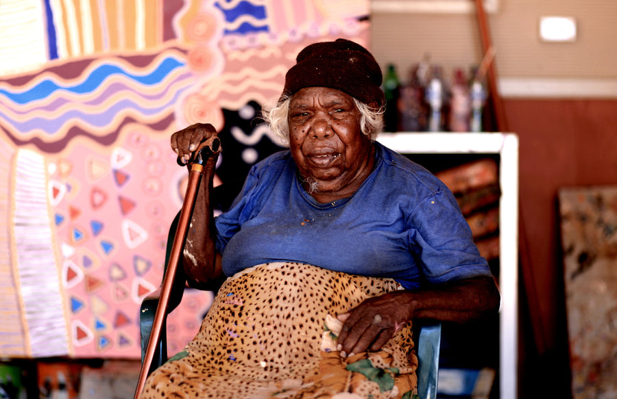 Aboriginal Artwork by Mary Napangardi Gallagher, Mina Mina Jukurrpa, 107x46cm