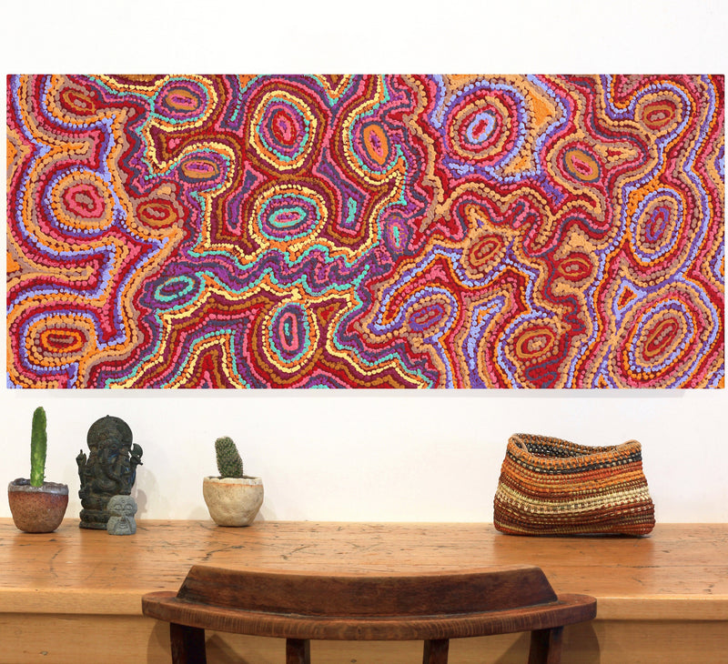 Aboriginal Artwork by Magda Nakamarra Curtis, Lappi Lappi Jukurrpa, 107x46cm