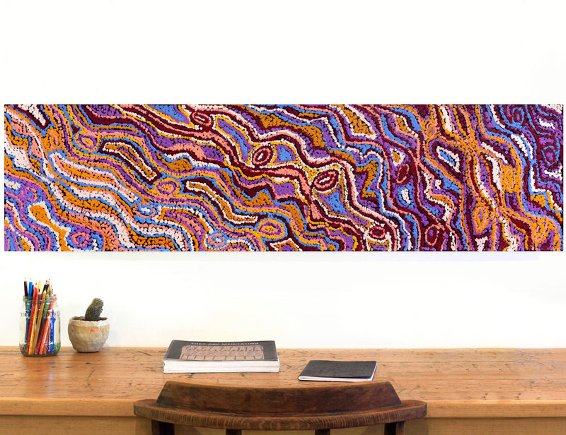 Aboriginal Artwork by Magda Nakamarra Curtis, Lappi Lappi Jukurrpa, 122x30cm