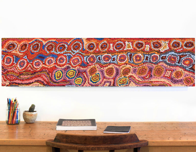 Aboriginal Artwork by Magda Nakamarra Curtis, Lappi Lappi Jukurrpa, 122x30cm