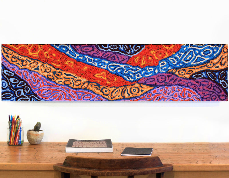 Aboriginal Artwork by Magda Nakamarra Curtis, Lappi Lappi Jukurrpa, 122x30cm