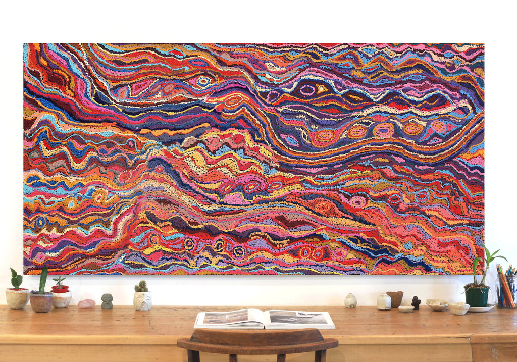 Aboriginal Artwork by Magda Nakamarra Curtis, Lappi Lappi Jukurrpa, 183x91cm