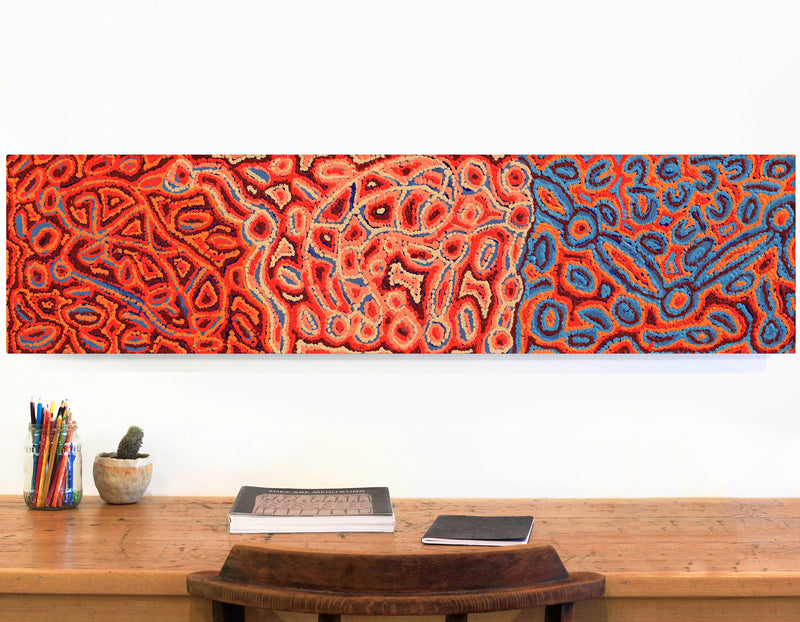 Aboriginal Artwork by Magda Nakamarra Curtis, Lappi Lappi Jukurrpa, 122x30cm