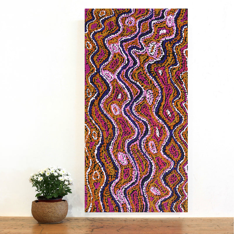 Aboriginal Artwork by Magda Nakamarra Curtis, Lappi Lappi Jukurrpa, 91x46cm
