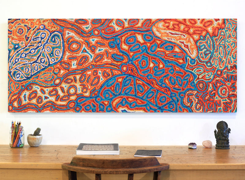 Aboriginal Artwork by Magda Nakamarra Curtis, Lappi Lappi Jukurrpa, 152x61cm