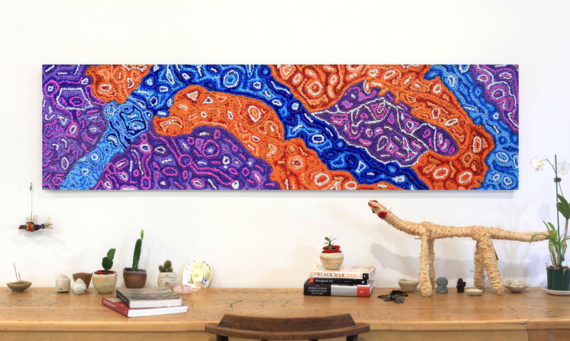 Aboriginal Artwork by Magda Nakamarra Curtis, Lappi Lappi Jukurrpa, 183x46cm