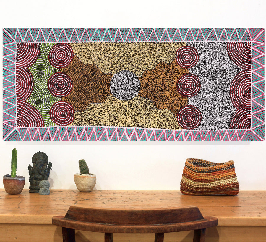 Aboriginal Artwork by Maggie Napangardi Williams, Janmarda Jukurrpa (Bush Onion Dreaming), 107x46cm