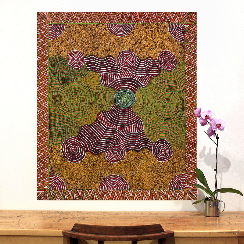 Aboriginal Artwork by Maggie Napangardi Williams, Janmarda Jukurrpa (Bush Onion Dreaming), 107x91cm