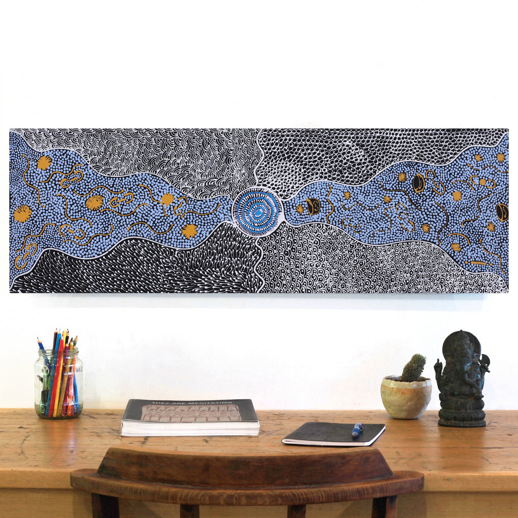 Aboriginal Artwork by Maggie Napangardi Williams, Janmarda Jukurrpa (Bush Onion Dreaming), 91x30cm