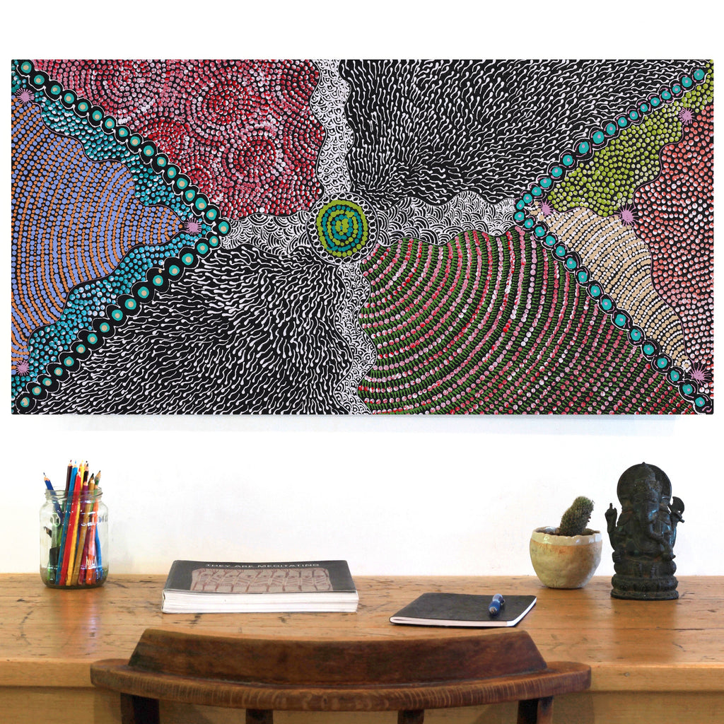 Aboriginal Artwork by Maggie Napangardi Williams, Janmarda Jukurrpa (Bush Onion Dreaming), 91x46cm