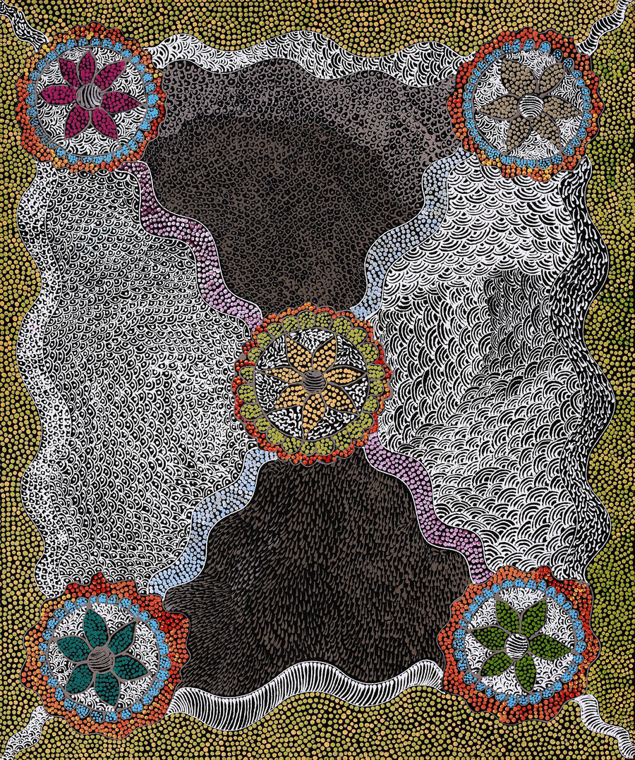 Aboriginal Artwork by Maggie Napangardi Williams, Janmarda Jukurrpa (Bush Onion Dreaming), 91x76cm