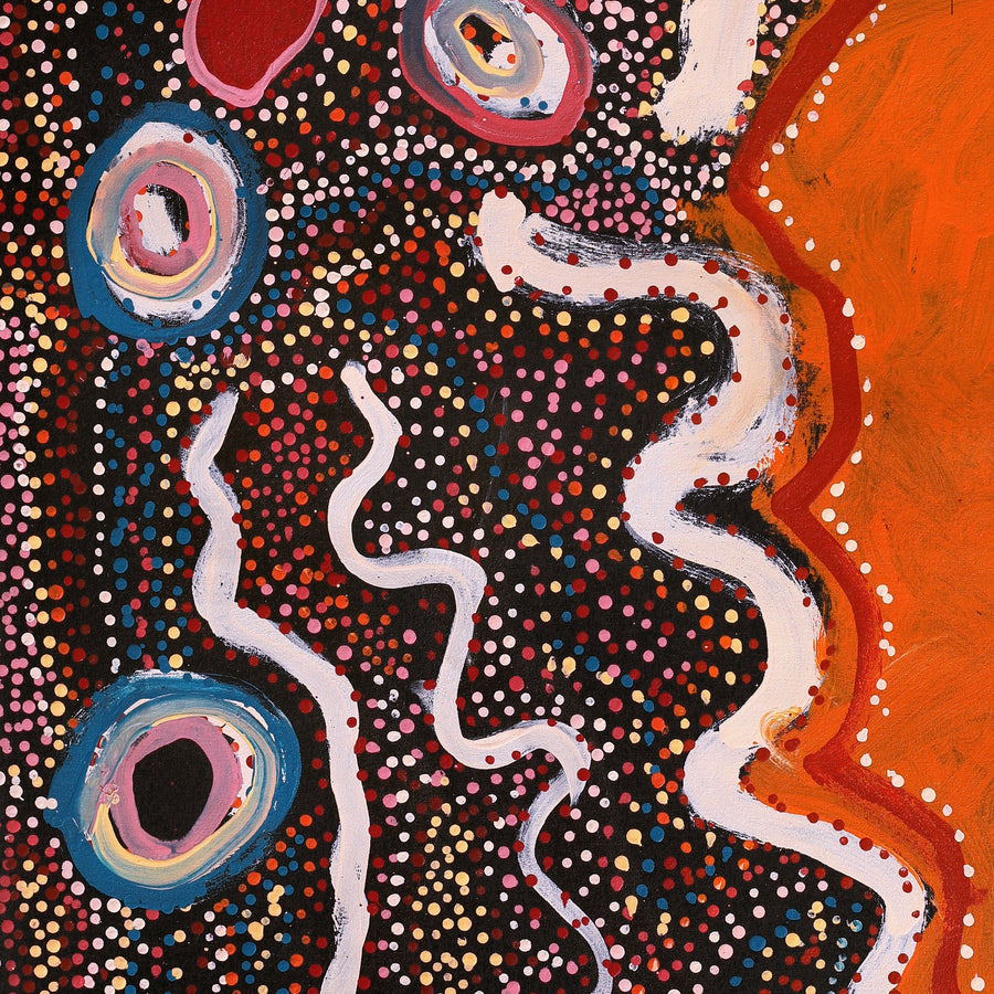 Aboriginal Artwork by Margaret Donegan, Wati Kutjara Wanampi, 101x76cm