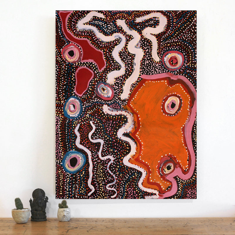Aboriginal Artwork by Margaret Donegan, Wati Kutjara Wanampi, 101x76cm