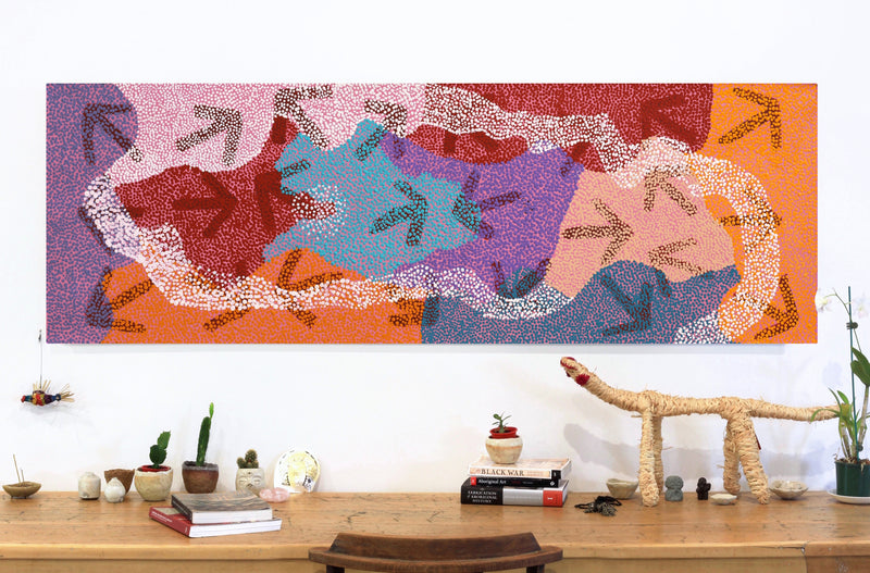 Aboriginal Artwork by Margaret Nangala Gallagher, Yankirri Jukurrpa (Emu Dreaming), 183x61cm