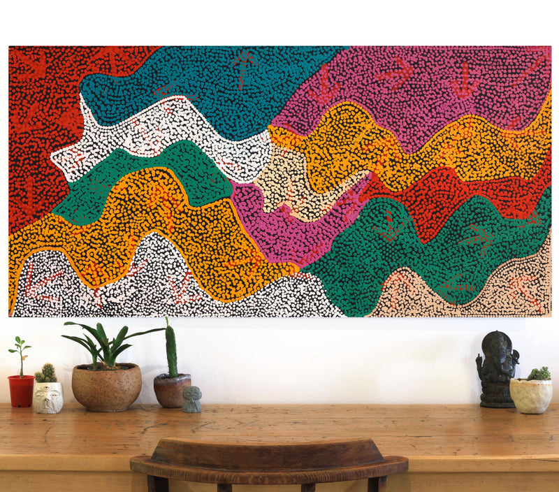 Aboriginal Artwork by Margaret Nangala Gallagher, Yankirri Jukurrpa (Emu Dreaming), 122x61cm