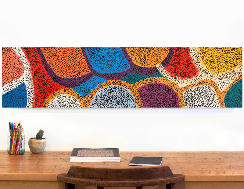 Aboriginal Artwork by Margaret Nangala Gallagher, Yankirri Jukurrpa (Emu Dreaming), 122x30cm