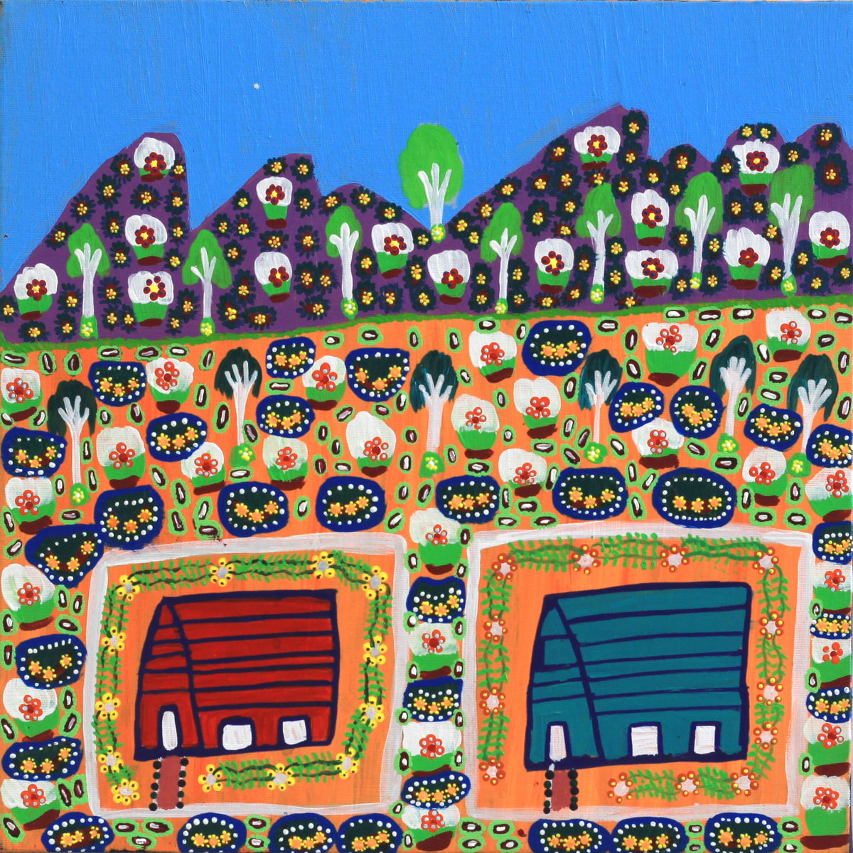 Aboriginal Art by Margaret Boko, Houses at Jay Creek, 40x40cm - ART ARK®